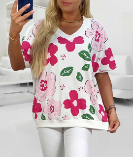 NOVÁ! Halenka/mikina s květinovým potiskem MEGI bílá/malinová - XL
