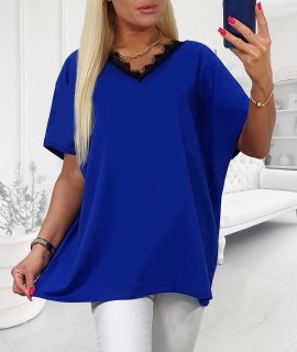 NOVÁ! Bavlněná halenka s krajkou v dekoltu modrá - Jedna velikost