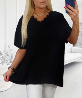 NOVÁ! Bavlněná černá halenka s krajkou v dekoltu - Jedna velikost