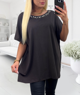 NOVÁ! Bavlněná prodloužená halenka s korálky u krku hnědá - Jedna velikost