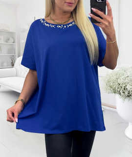 NOVÁ! Bavlněná prodloužená halenka s korálky u krku modrá - Jedna velikost