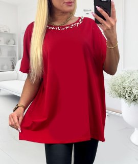 NOVÁ! Bavlněná prodloužená halenka s korálky u krku červená - Jedna velikost