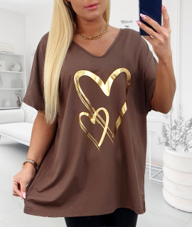 NOVÉ! Bavlněné prodloužené tričko SRDCE hnědá - Jedna velikost