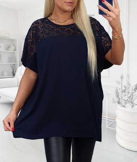 NOVÁ! Prodloužená halenka s krajkou tmavě modrá - Jedna velikost