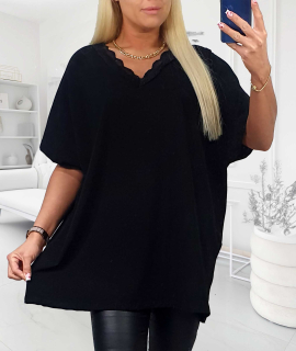 NOVÁ! Bavlněná černá halenka s krajkou v dekoltu - Jedna velikost